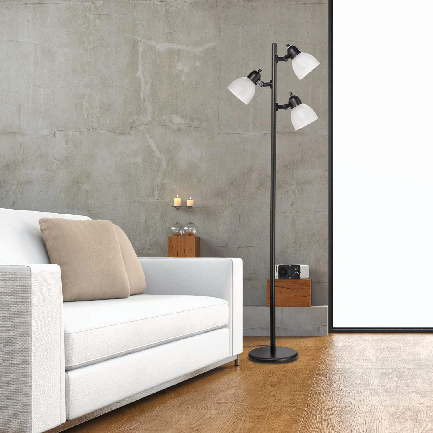 Globe Electric 12719 Life 63" 3-Light Floor Lamp, Matte Plastic, LED Bulbs Included, Black with Frosted Shade