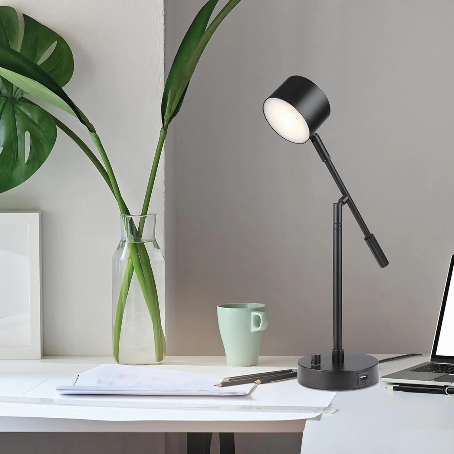 GLOBE Electric 52271 Aristocrat 16" Integrated LED Swing Arm Desk Lamp, Matte Black, Dimmable On/Off Rotary Switch at Base, 2.1A USB Port