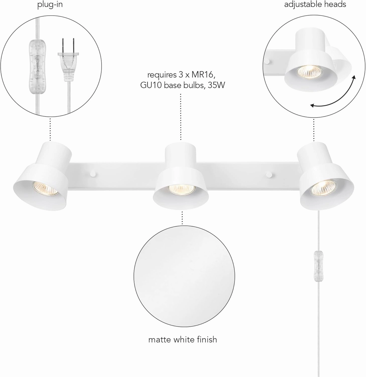 GLOBE Electric 64000116 22" 3-Light Plug-in Track Lighting, Matte White, Pivoting Track Heads, 15-Foot Cord, in-Line on/Off Rocker Switch