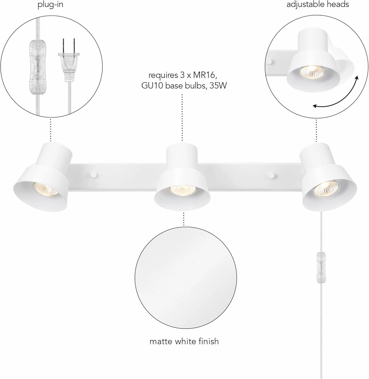GLOBE Electric 64000116 22" 3-Light Plug-in Track Lighting, Matte White, Pivoting Track Heads, 15-Foot Cord, in-Line on/Off Rocker Switch