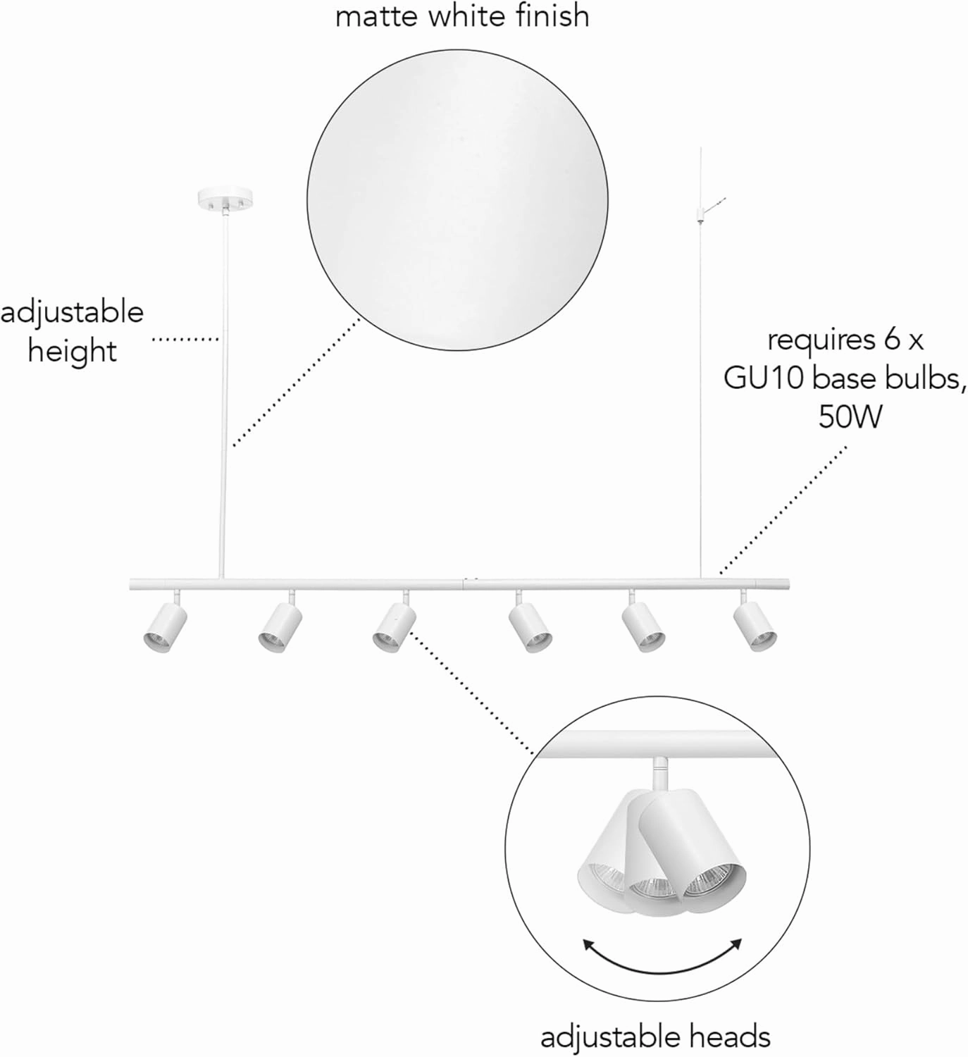 GLOBE Electric 64000124 55" 6-Light Adjustable Height Track Lighting, Matte White, Pivoting Track Heads