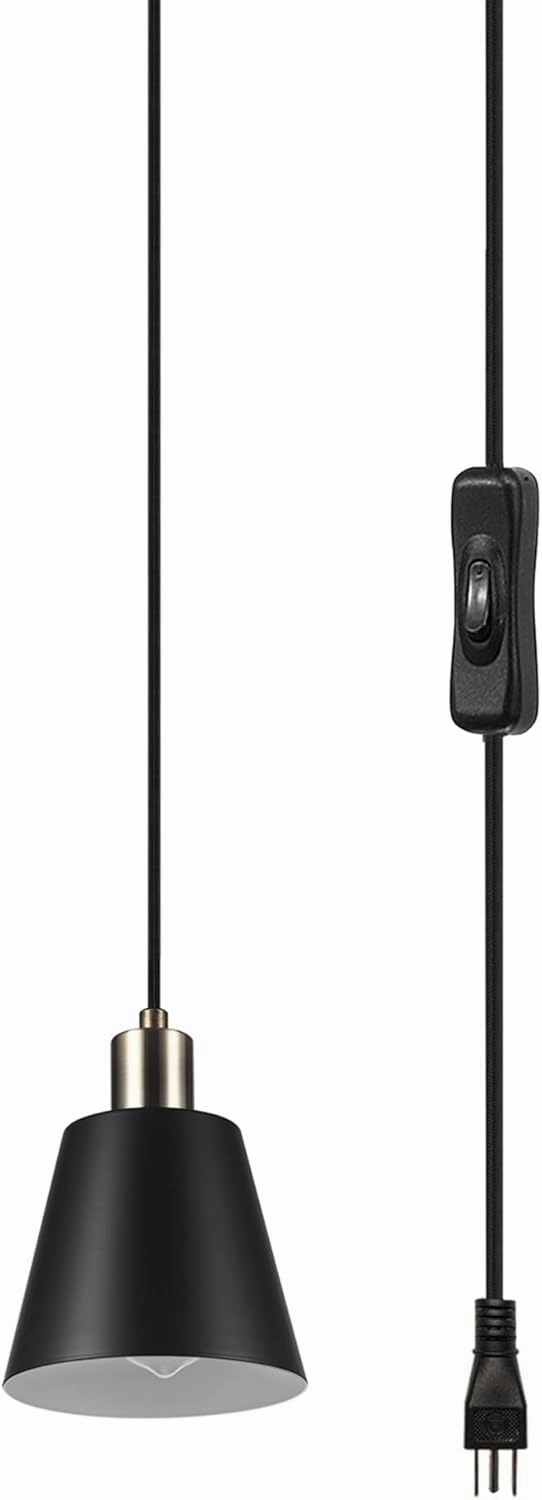 GLOBE Electric 67000153 1-Light Plug-in or Hardwire Pendant Light, Matte Black, Matte Brass Accents, Adjustable Height, Ceiling Lights, Home Essentials, Kitchen, Bedroom, Indoor Lighting, Décor