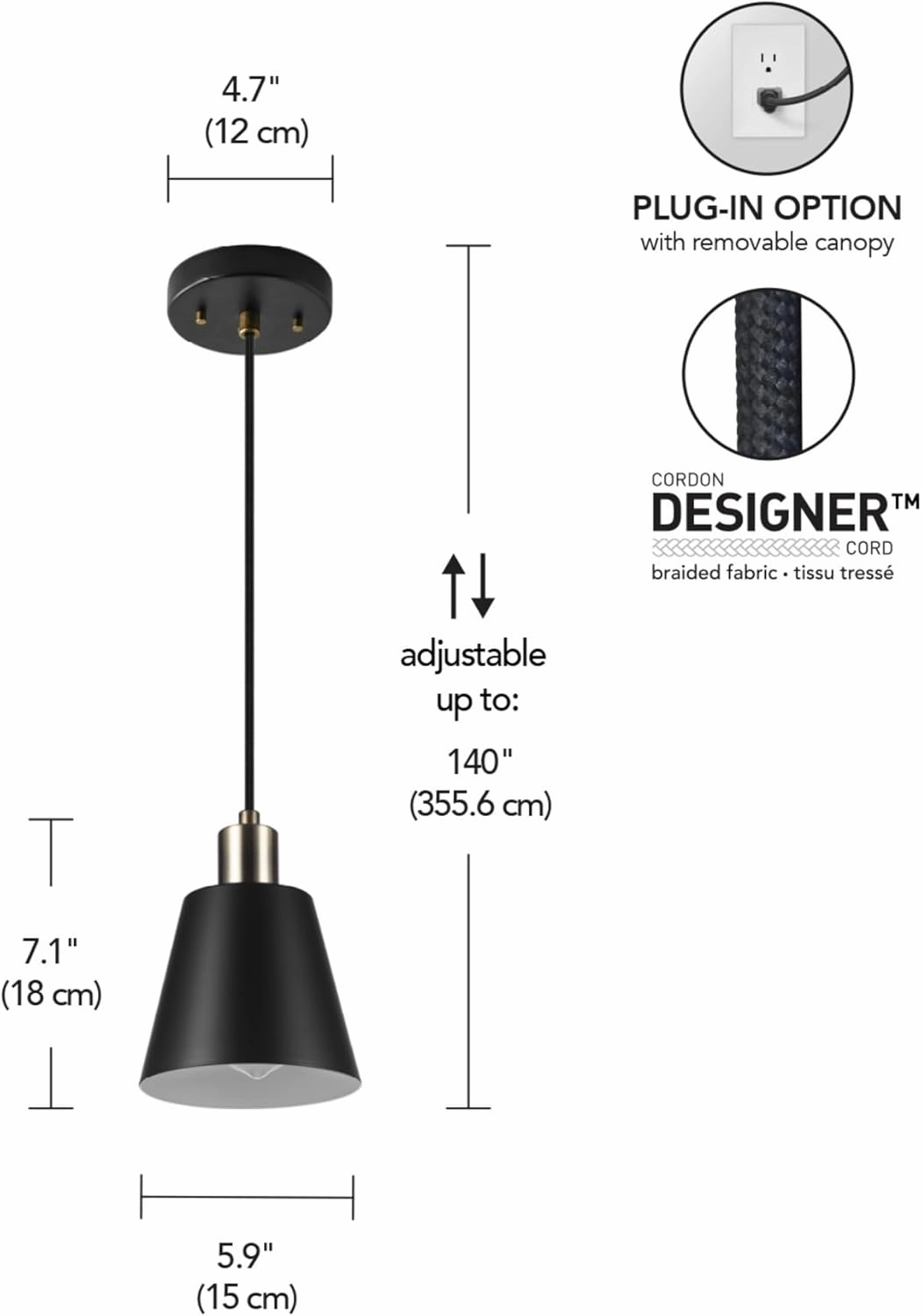 GLOBE Electric 67000153 1-Light Plug-in or Hardwire Pendant Light, Matte Black, Matte Brass Accents, Adjustable Height, Ceiling Lights, Home Essentials, Kitchen, Bedroom, Indoor Lighting, Décor