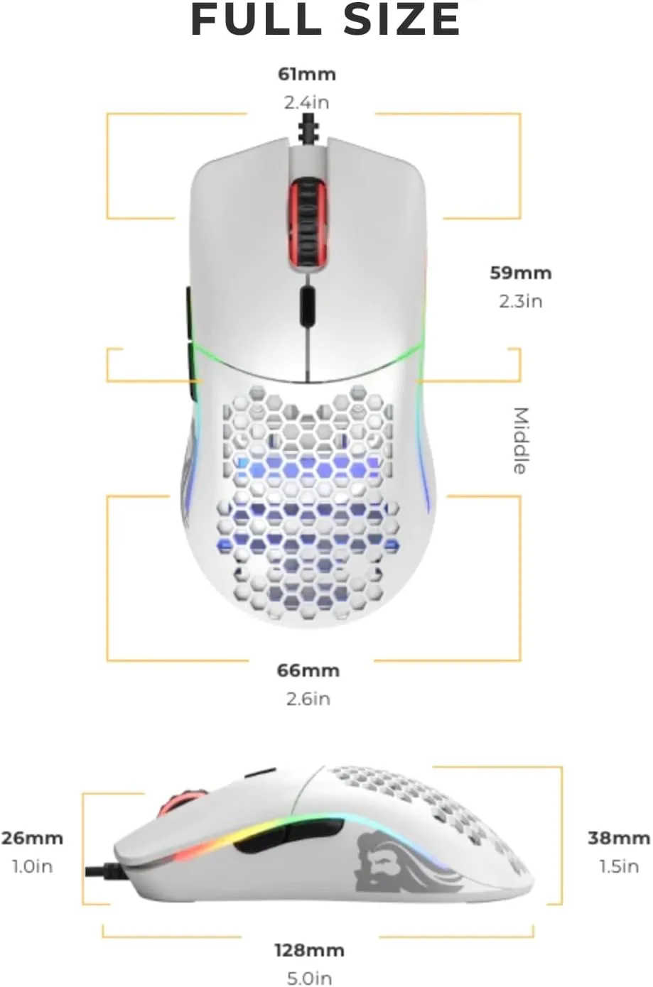 Glorious Model O Wired Gaming Mouse 67g Superlight Honeycomb Design, RGB, Pixart 3360 Sensor, Omron Switches, Ambidextrous - Matte White