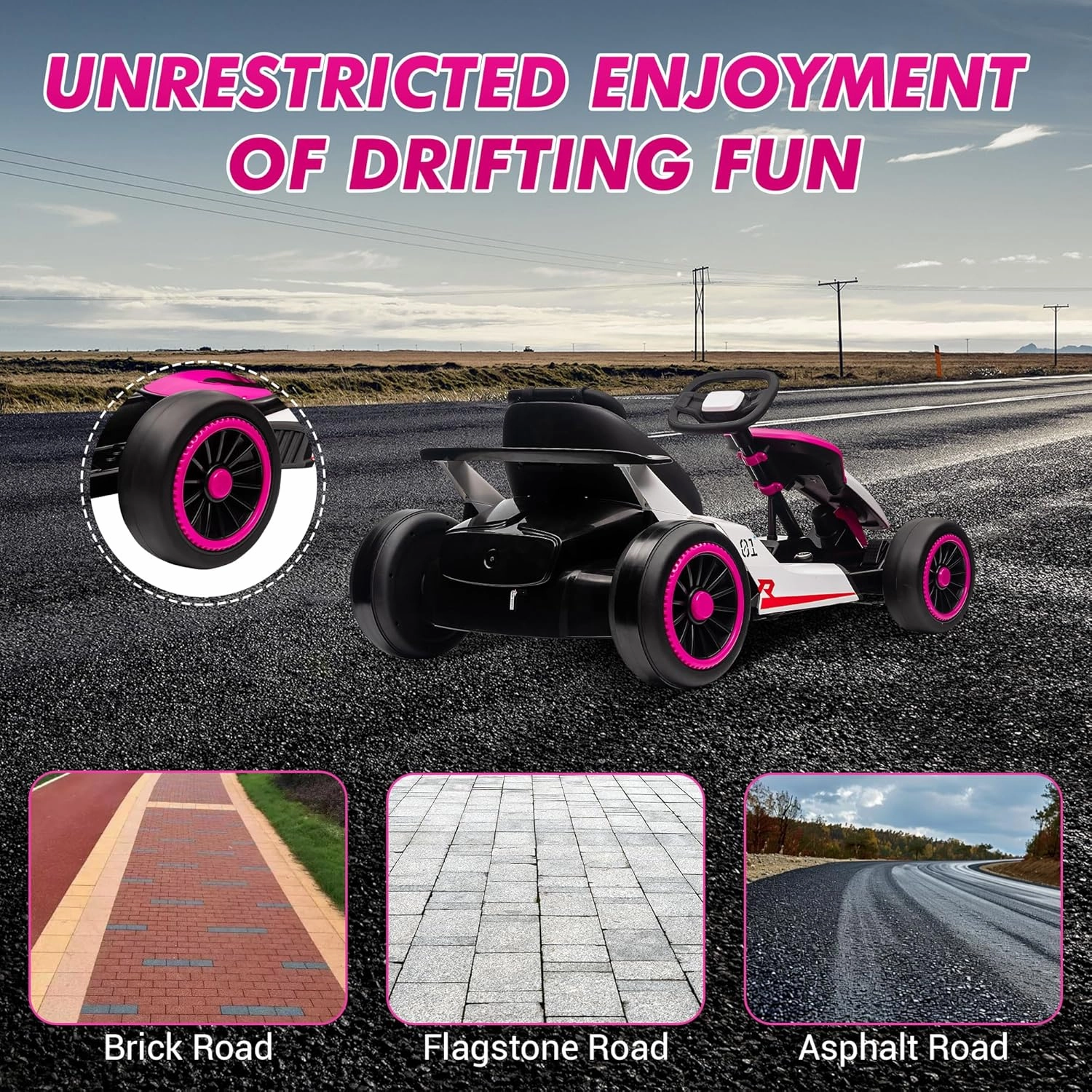 Go Kart, Electric Drift Kart Car with Adjustable Seat, 24V 7Ah Outdoor Ride On Toy, 2 * 200W Motor, 8.1 MPH, LED Lights, Toy Race Car for Kids 6-12 Years Old