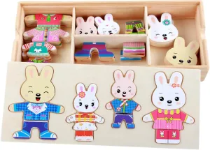 Goclothod Wooden Jigsaw Puzzle 72 Pcs Kids Early Educational Toys Dress-Up Puzzle Set