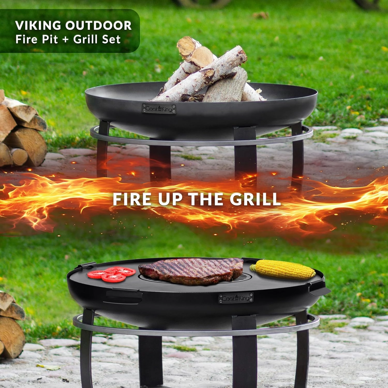 Good Directions Fire Pit Ignition 32" Large Handcrafted Cooking Fire Pit with Cooking Grill Plate Attachment for Backyard Bonfire Campfire for Outside, Large Outdoor Steel