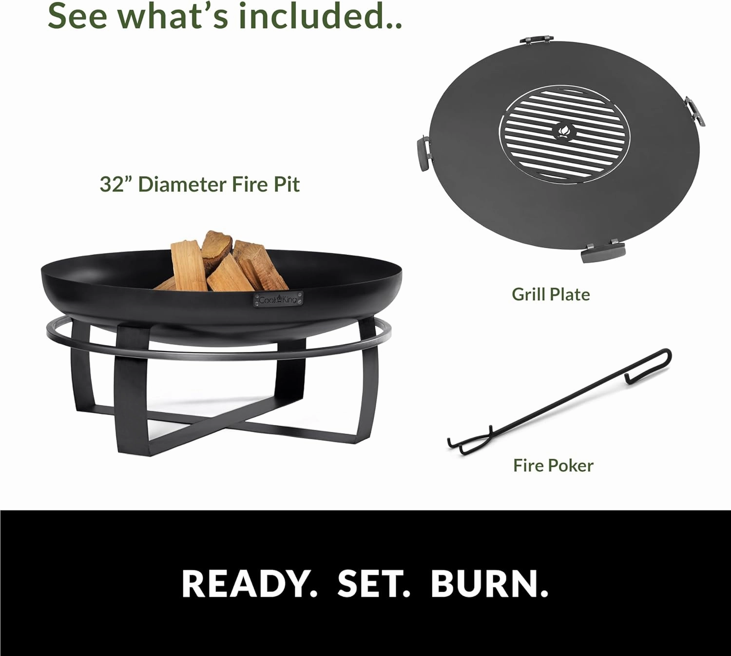 Good Directions Fire Pit Ignition 32" Large Handcrafted Cooking Fire Pit with Cooking Grill Plate Attachment for Backyard Bonfire Campfire for Outside, Large Outdoor Steel