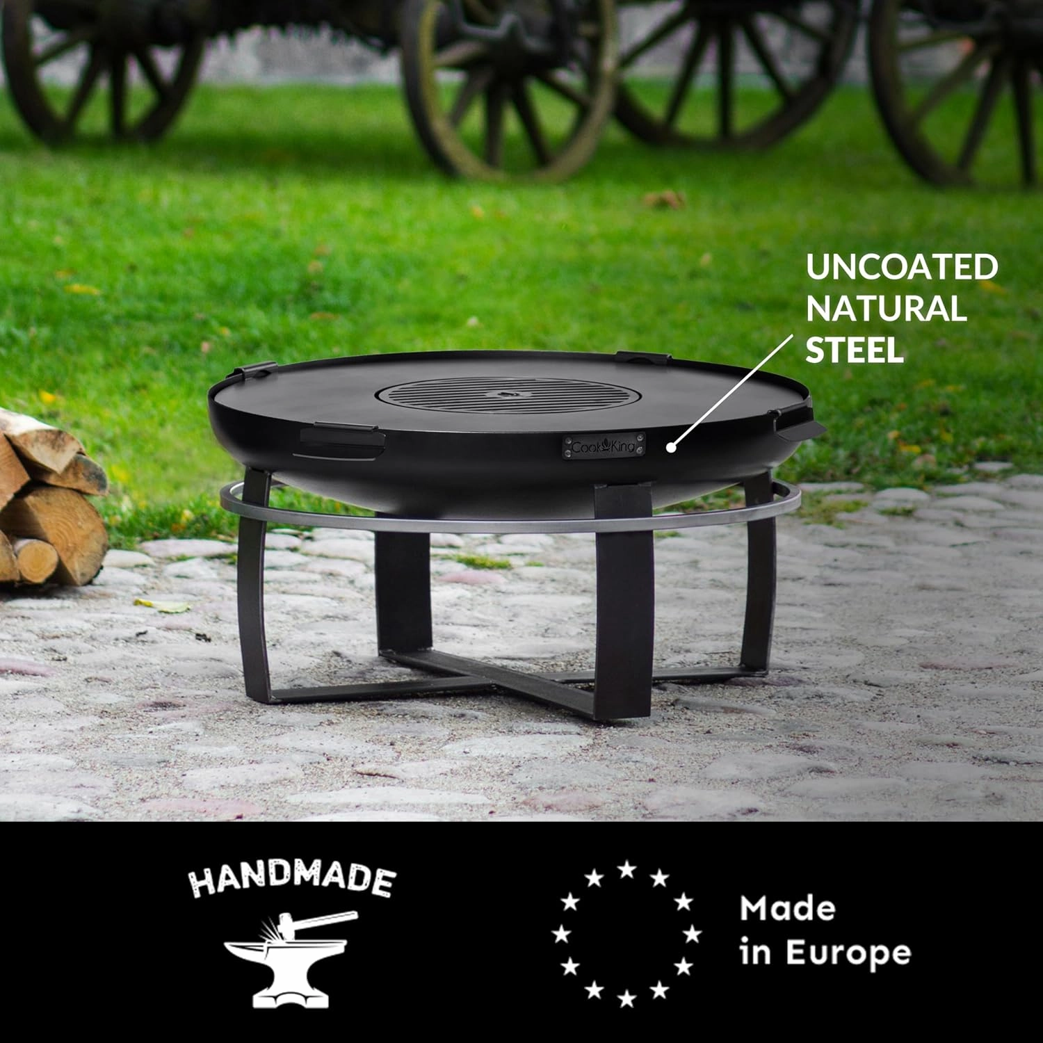 Good Directions Fire Pit Ignition 32" Large Handcrafted Cooking Fire Pit with Cooking Grill Plate Attachment for Backyard Bonfire Campfire for Outside, Large Outdoor Steel