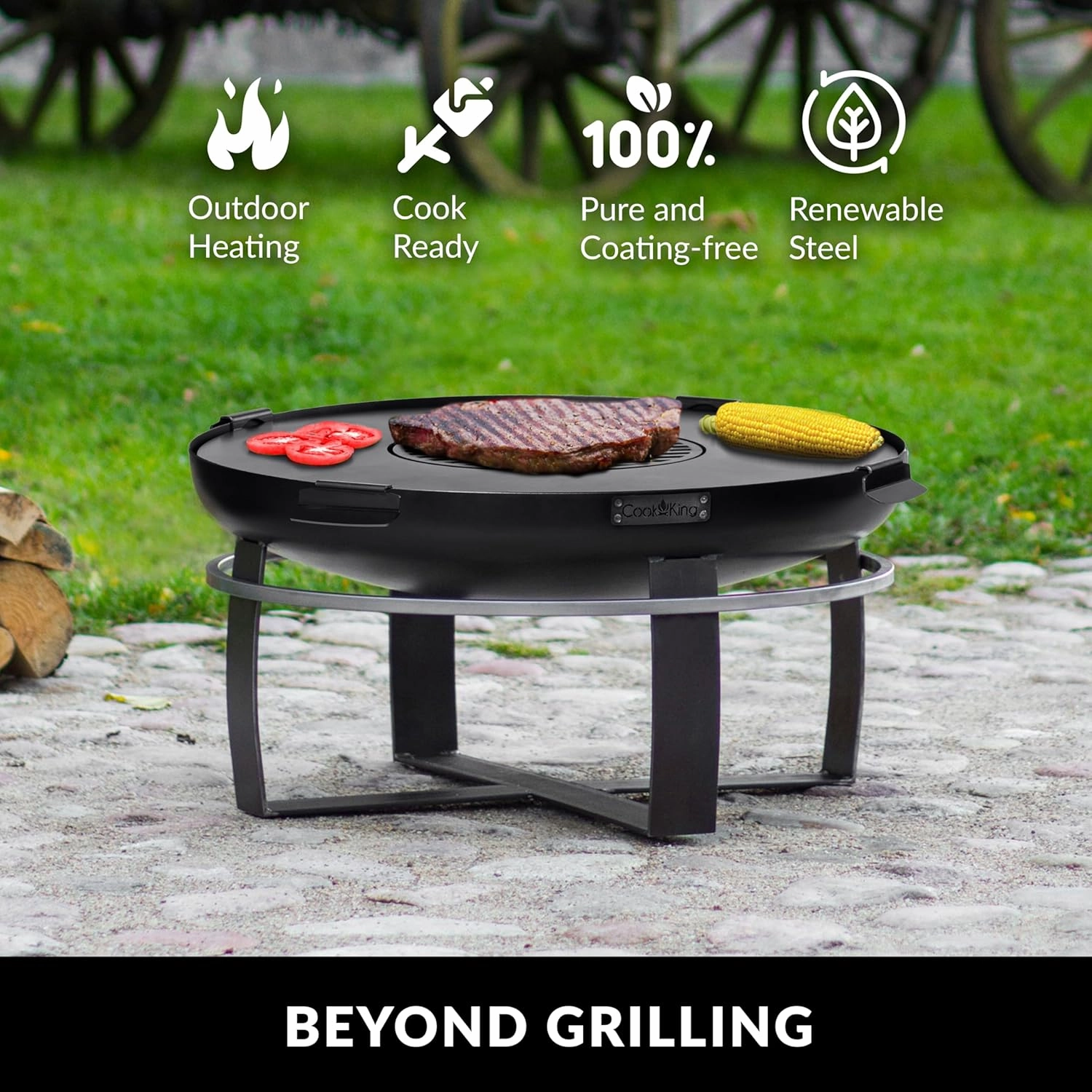 Good Directions Fire Pit Ignition 32" Large Handcrafted Cooking Fire Pit with Cooking Grill Plate Attachment for Backyard Bonfire Campfire for Outside, Large Outdoor Steel