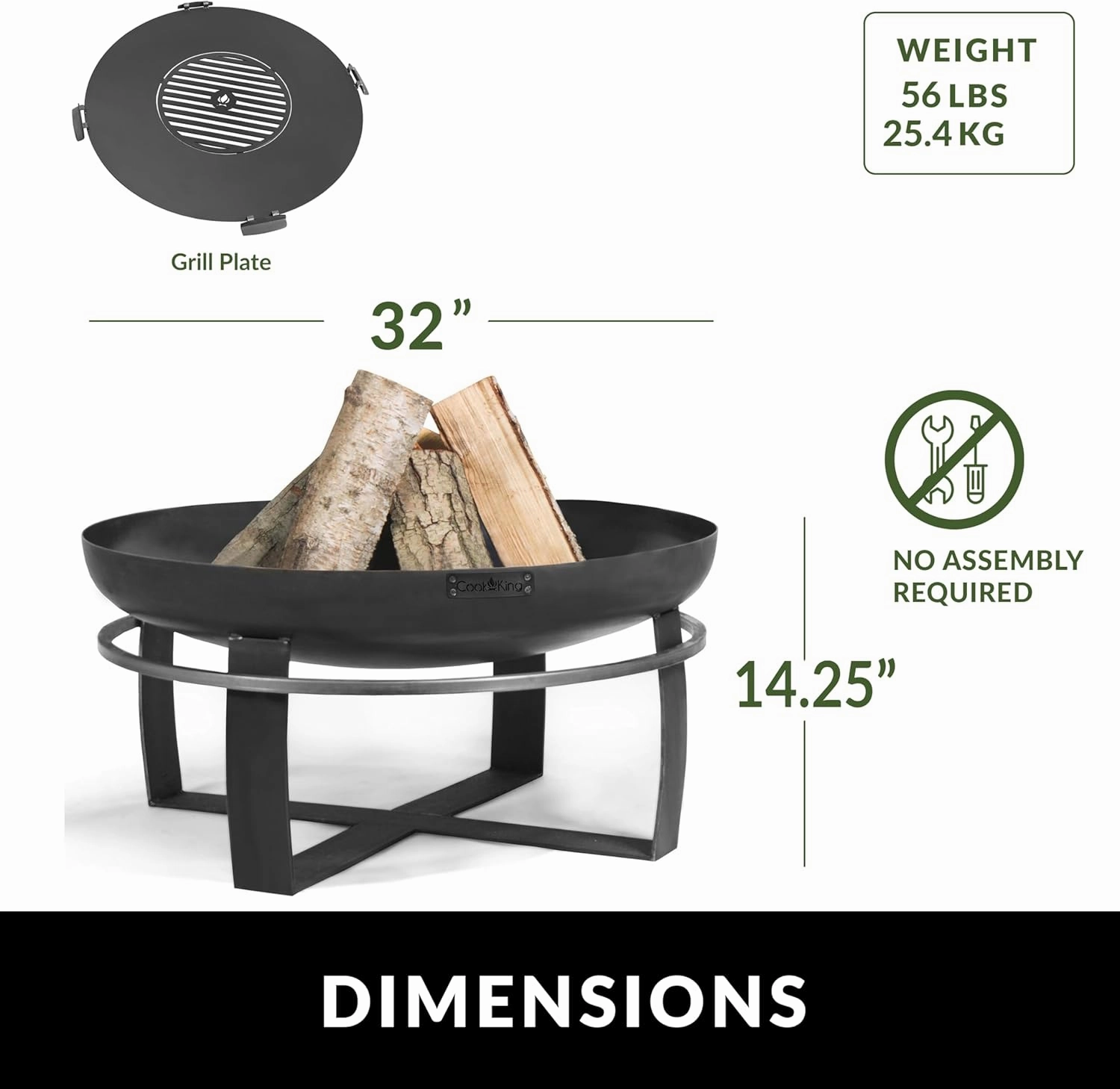 Good Directions Fire Pit Ignition 32" Large Handcrafted Cooking Fire Pit with Cooking Grill Plate Attachment for Backyard Bonfire Campfire for Outside, Large Outdoor Steel