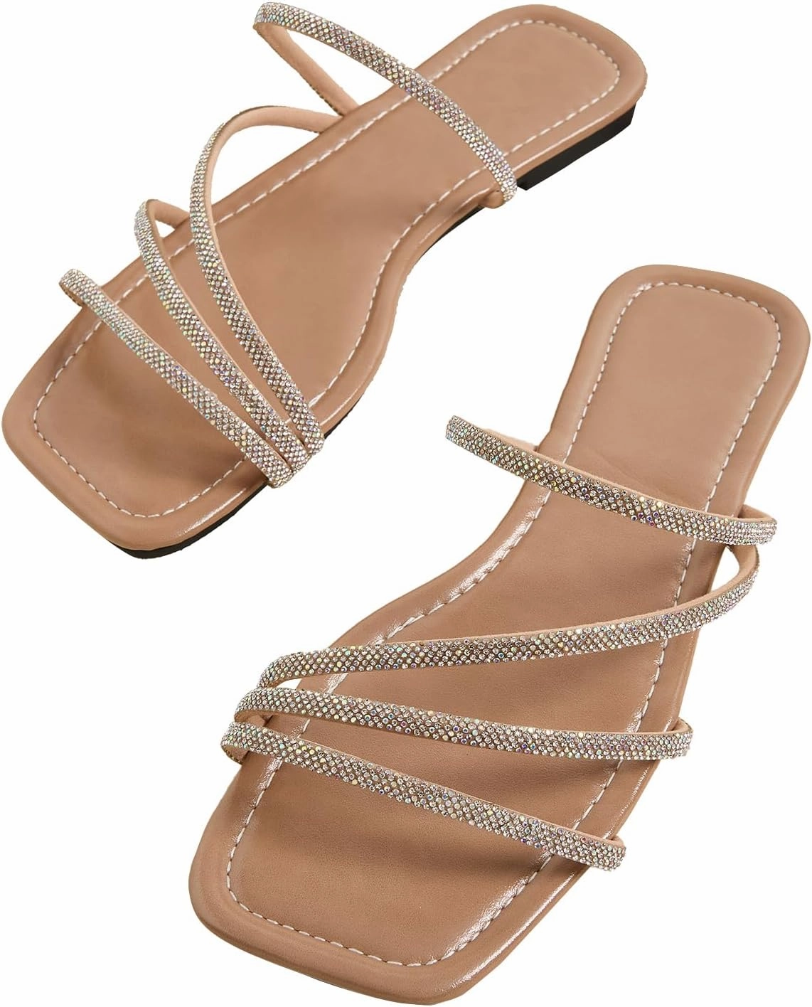 GORGLITTER Women's Rhinestone Flat Sandals Strappy Slip on Open Toe Slide Sandals