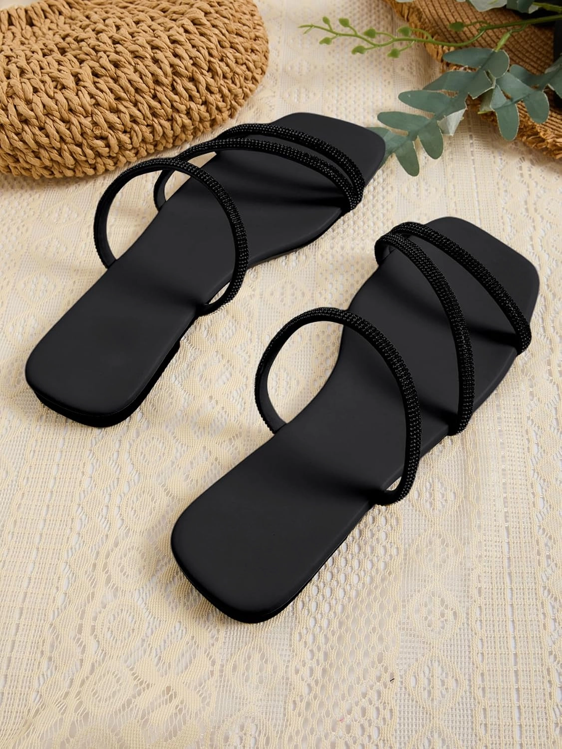 GORGLITTER Women's Rhinestone Flat Sandals Strappy Slip on Open Toe Slide Sandals