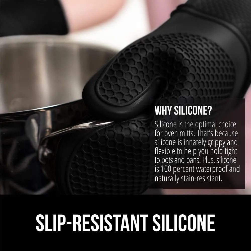 GORILLA GRIP Heat Resistant Durable Silicone Oven Mitts, BPA-Free Protective Grilling Potholders, Soft Cotton Lining, Flexible Waterproof Cooking Mitt Set, Kitchen Home Essentials, 12.5x8.3, Black