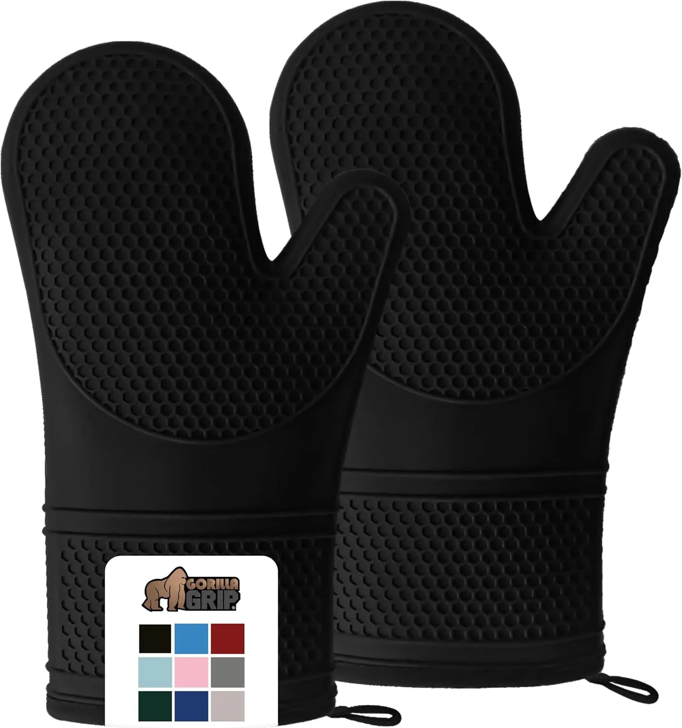 GORILLA GRIP Heat Resistant Durable Silicone Oven Mitts, BPA-Free Protective Grilling Potholders, Soft Cotton Lining, Flexible Waterproof Cooking Mitt Set, Kitchen Home Essentials, 12.5x8.3, Black