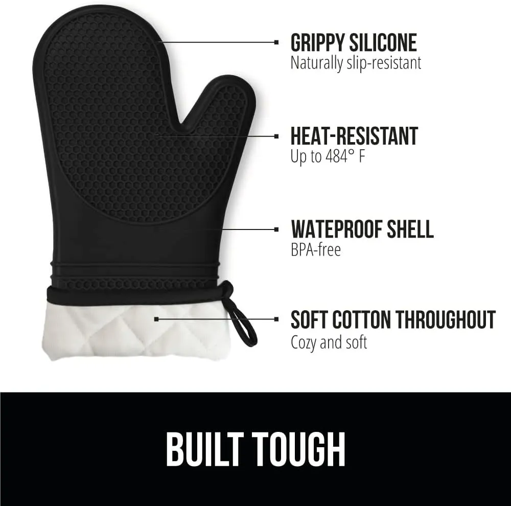 GORILLA GRIP Heat Resistant Durable Silicone Oven Mitts, BPA-Free Protective Grilling Potholders, Soft Cotton Lining, Flexible Waterproof Cooking Mitt Set, Kitchen Home Essentials, 12.5x8.3, Black
