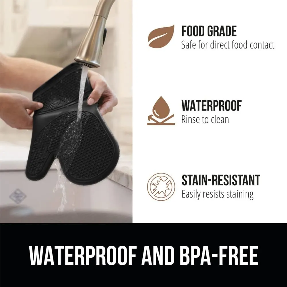 GORILLA GRIP Heat Resistant Durable Silicone Oven Mitts, BPA-Free Protective Grilling Potholders, Soft Cotton Lining, Flexible Waterproof Cooking Mitt Set, Kitchen Home Essentials, 12.5x8.3, Black