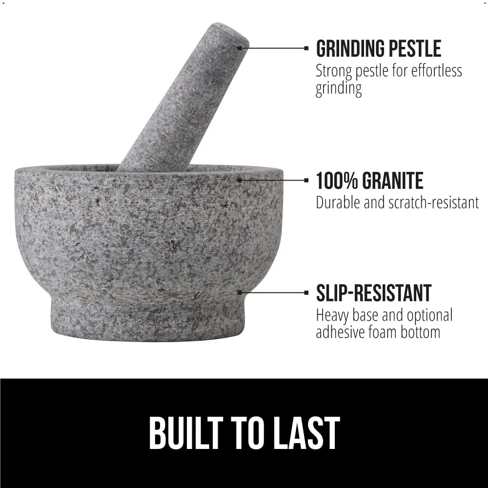 GORILLA GRIP Heavy Duty Mortar and Pestle Set with Slip Resistant Base, 2 Cup, 100% Granite Stone Molcajete Guacamole Bowl, Grind Seeds, Spices, Crush Garlic, Kitchen Muddler for Fresh Herbs, Gray