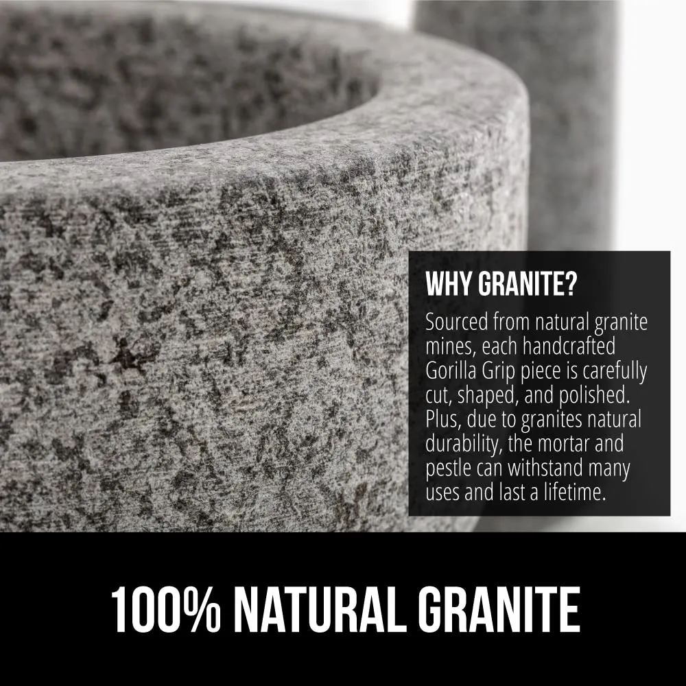 GORILLA GRIP Heavy Duty Mortar and Pestle Set with Slip Resistant Base, 2 Cup, 100% Granite Stone Molcajete Guacamole Bowl, Grind Seeds, Spices, Crush Garlic, Kitchen Muddler for Fresh Herbs, Gray