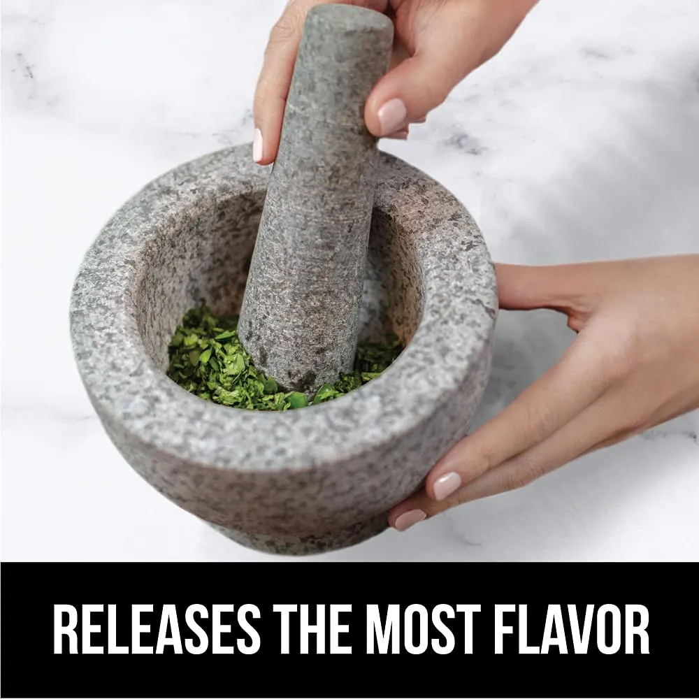 GORILLA GRIP Heavy Duty Mortar and Pestle Set with Slip Resistant Base, 2 Cup, 100% Granite Stone Molcajete Guacamole Bowl, Grind Seeds, Spices, Crush Garlic, Kitchen Muddler for Fresh Herbs, Gray