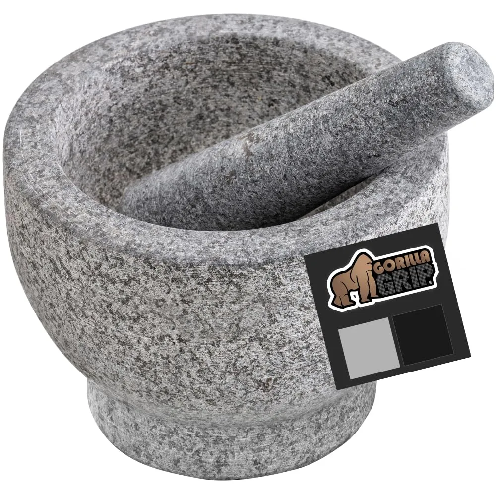 GORILLA GRIP Heavy Duty Mortar and Pestle Set with Slip Resistant Base, 2 Cup, 100% Granite Stone Molcajete Guacamole Bowl, Grind Seeds, Spices, Crush Garlic, Kitchen Muddler for Fresh Herbs, Gray