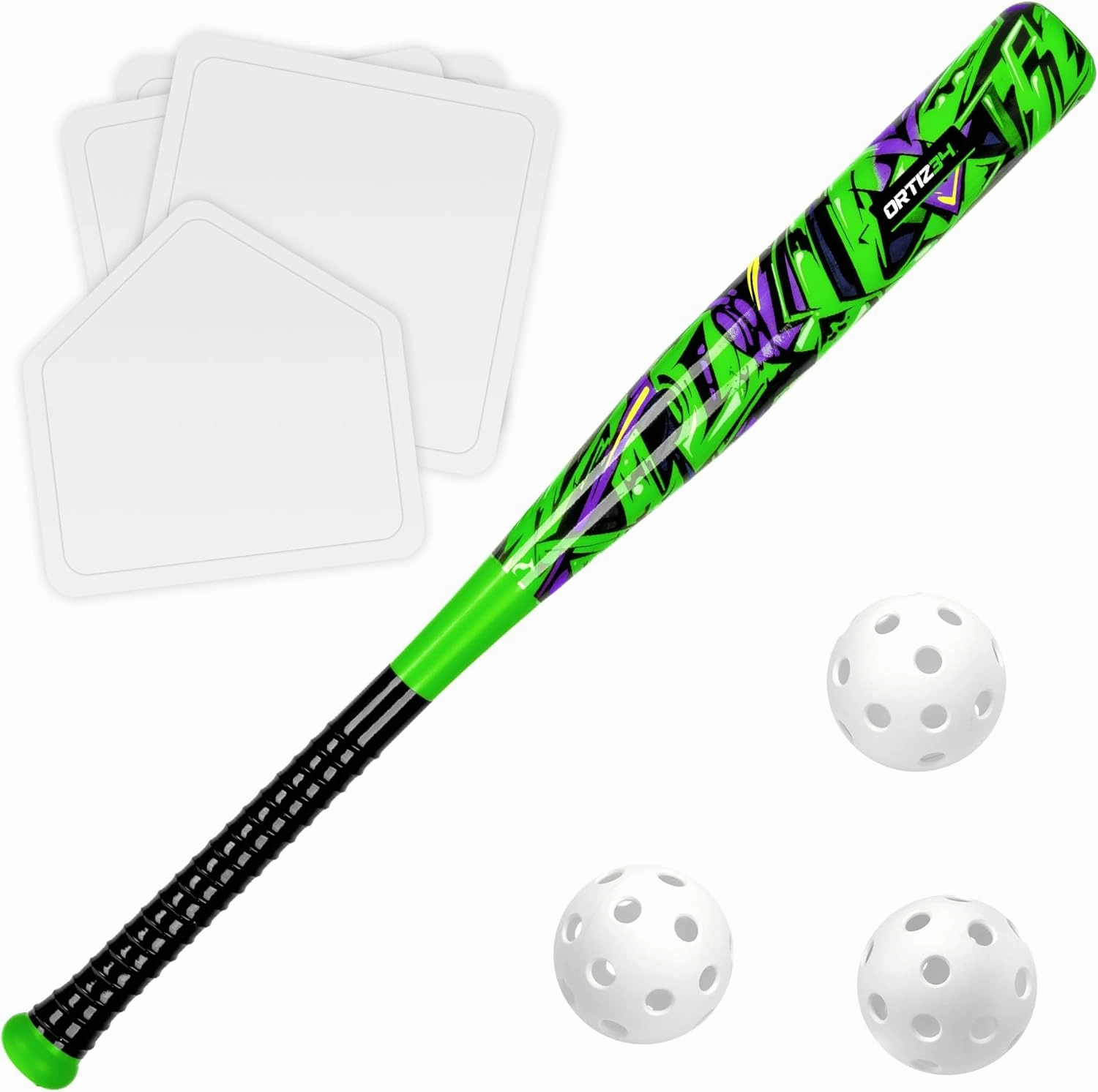 Grand Slam Set- Graffiti Plastic Bat, David Ortiz Backyard Baseball Set with 3 Balls, 4 Throw Down Bases
