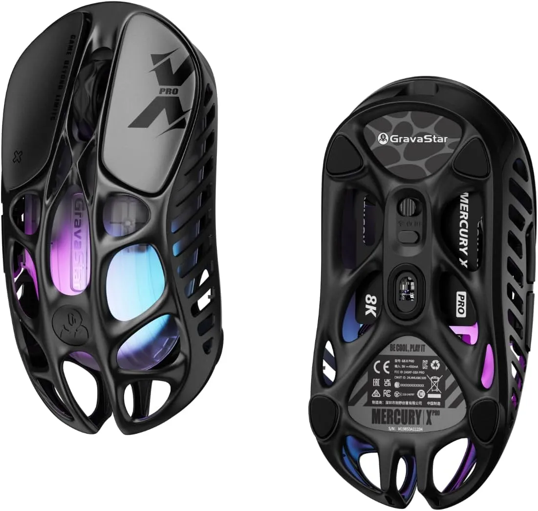 GravaStar Mercury X Pro Wireless Gaming Mouse, Come with 8K Dongle – 32,000 DPI PAW 3950 Sensor, 8,000Hz Polling Rate, Only 49g, Magnesium Alloy Hollow Frame, RGB Lighting, 5 Programmable Buttons