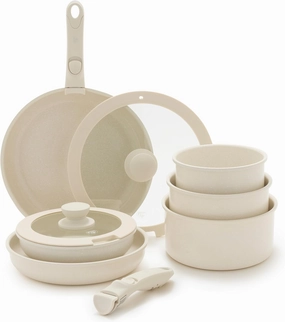 GreenLife 10 Piece Ceramic Pots and Pans Set, Nonstick Detachable & Stackable Cookware Set, Induction Kitchen Pans, Space Saving with Removable Handle, Oven Safe, Non Toxic PFAS-Free, Speckled Cream