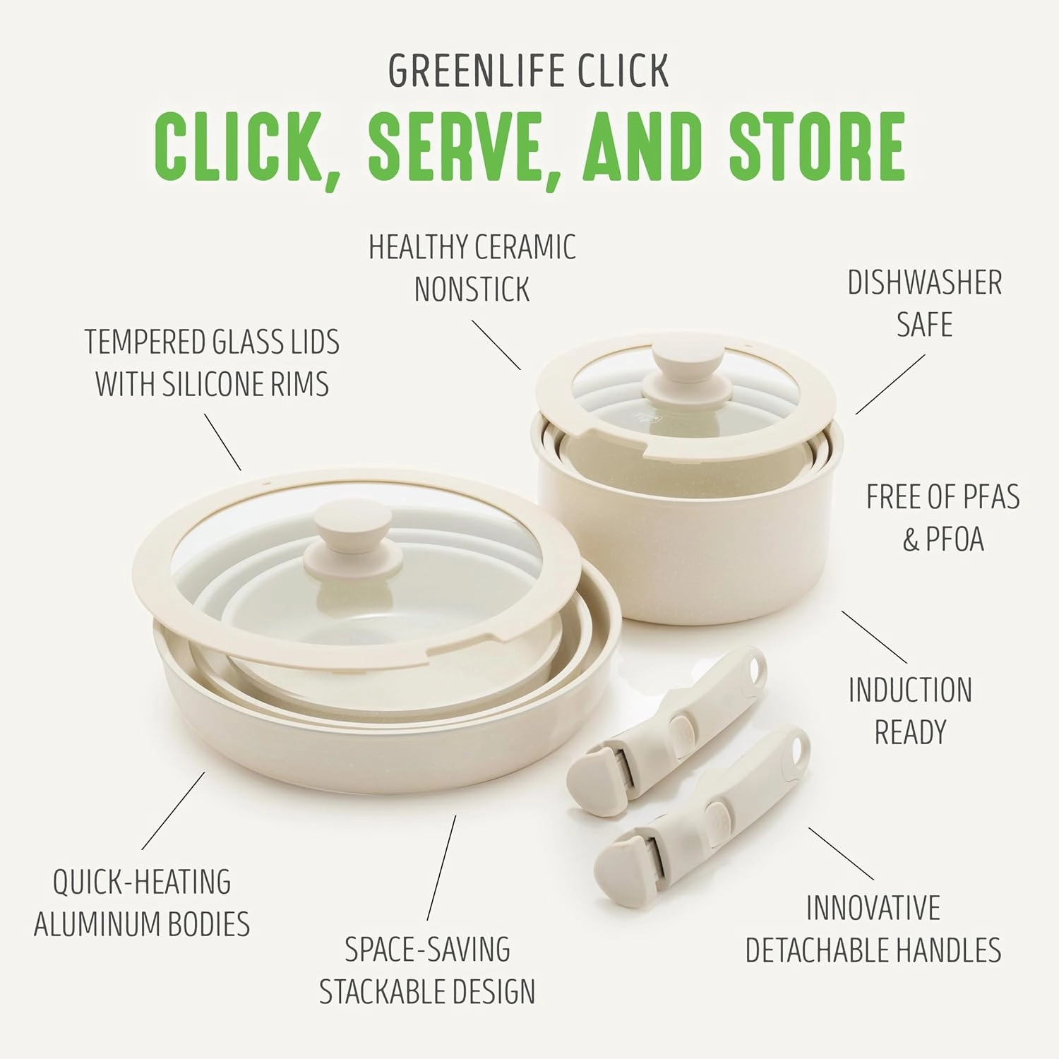 GreenLife 10 Piece Ceramic Pots and Pans Set, Nonstick Detachable & Stackable Cookware Set, Induction Kitchen Pans, Space Saving with Removable Handle, Oven Safe, Non Toxic PFAS-Free, Speckled Cream