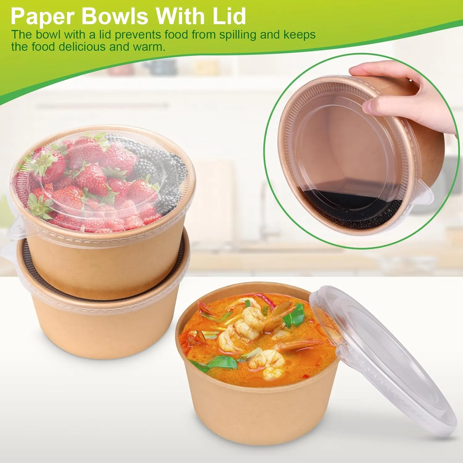 greensight 42oz Disposable Soup bowls, 50 Pack Paper Bowls With Lids, Large Salads Bowls, Heavy Duty Serving Bowls For Hot/Cold Food