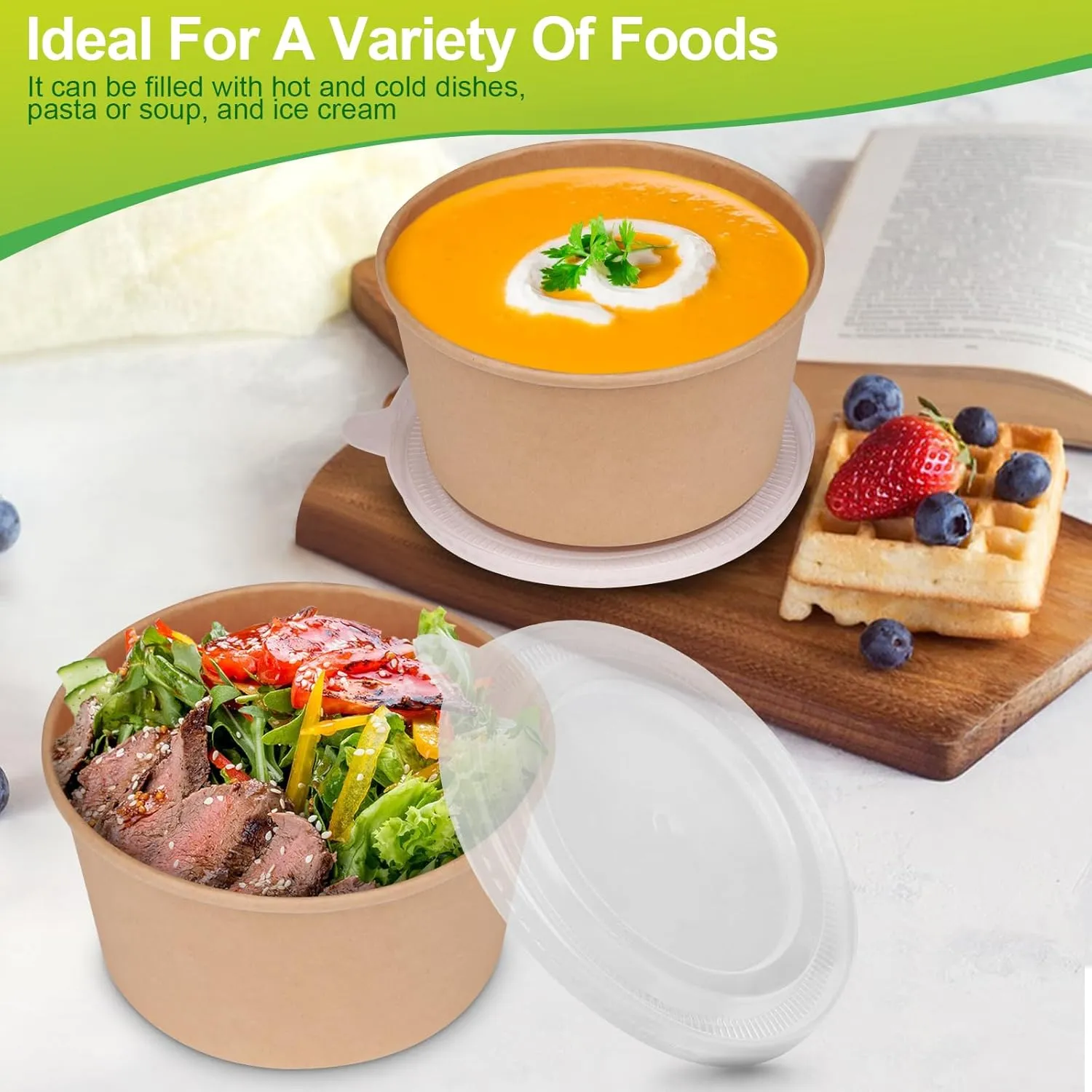 greensight 42oz Disposable Soup bowls, 50 Pack Paper Bowls With Lids, Large Salads Bowls, Heavy Duty Serving Bowls For Hot/Cold Food