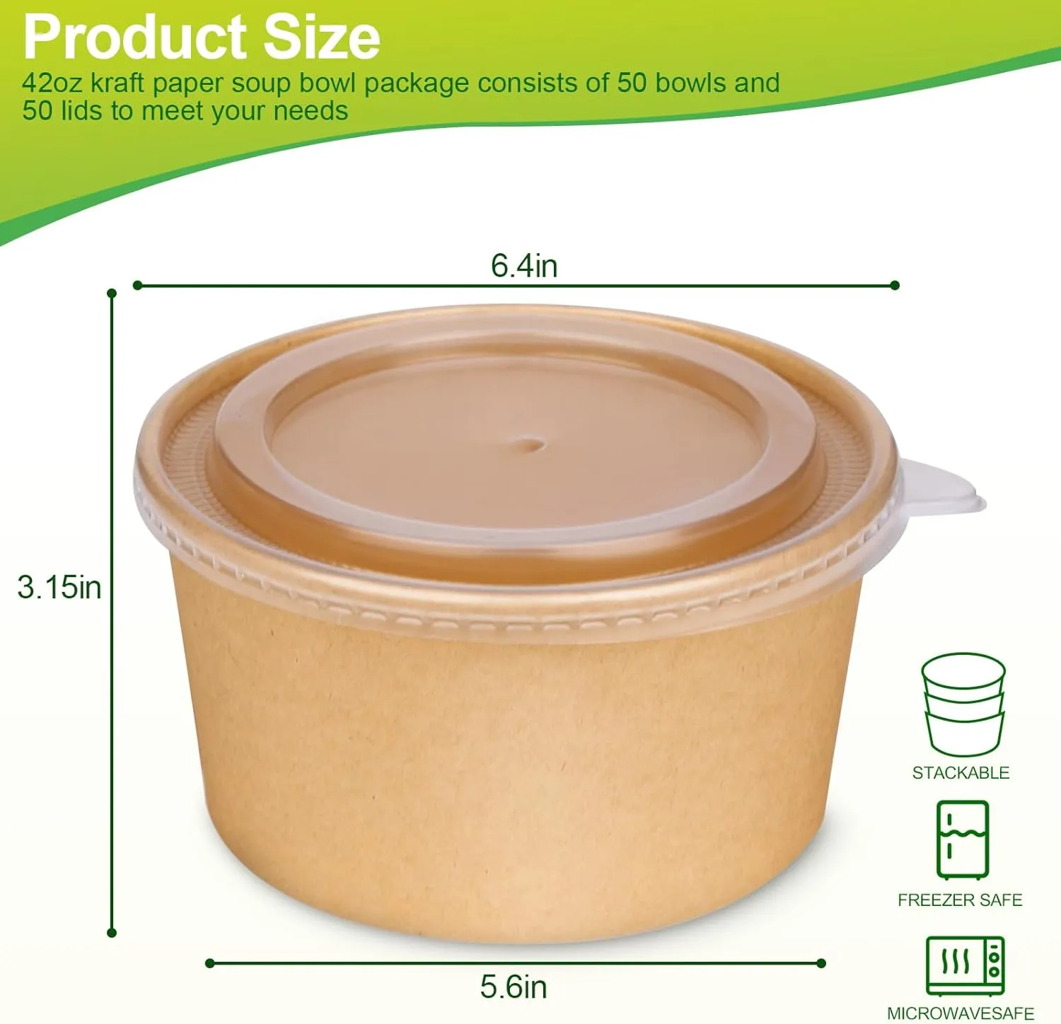 greensight 42oz Disposable Soup bowls, 50 Pack Paper Bowls With Lids, Large Salads Bowls, Heavy Duty Serving Bowls For Hot/Cold Food