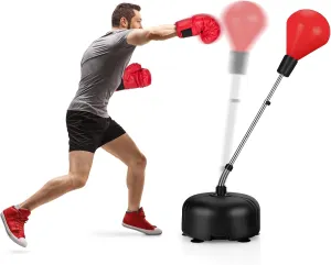 GYMAX Freestanding Punching Bag, Integrated PU Reflex Bag with 6 Suction Cups, 55"-62.5" Adjustable Height, Stable Base, Attached Boxing Gloves, Easy to Carry, Boxing Bag for Stress Relief, Fitness