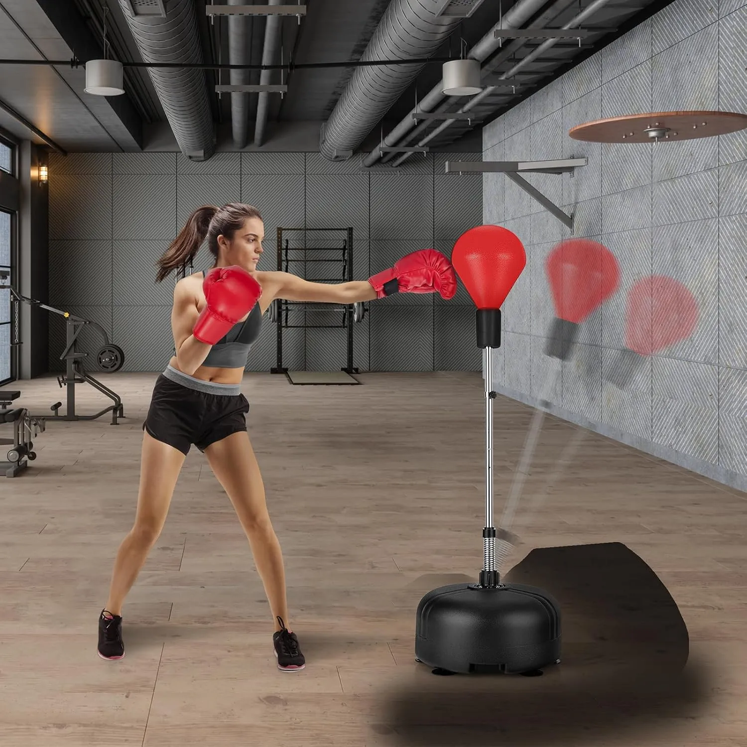 GYMAX Freestanding Punching Bag, Integrated PU Reflex Bag with 6 Suction Cups, 55"-62.5" Adjustable Height, Stable Base, Attached Boxing Gloves, Easy to Carry, Boxing Bag for Stress Relief, Fitness