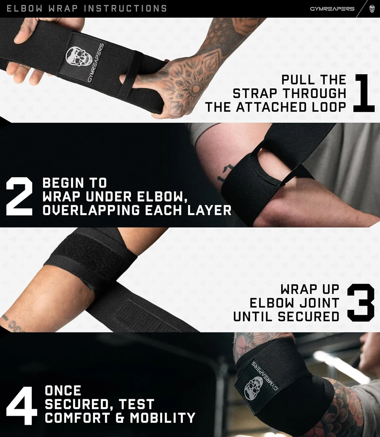Gymreapers Weightlifting Elbow Wraps (1 Pair) - Flexible 40'' Elbow Compression Strap & Joint Support Brace - for Bench Press, Powerlifting, and Pressing