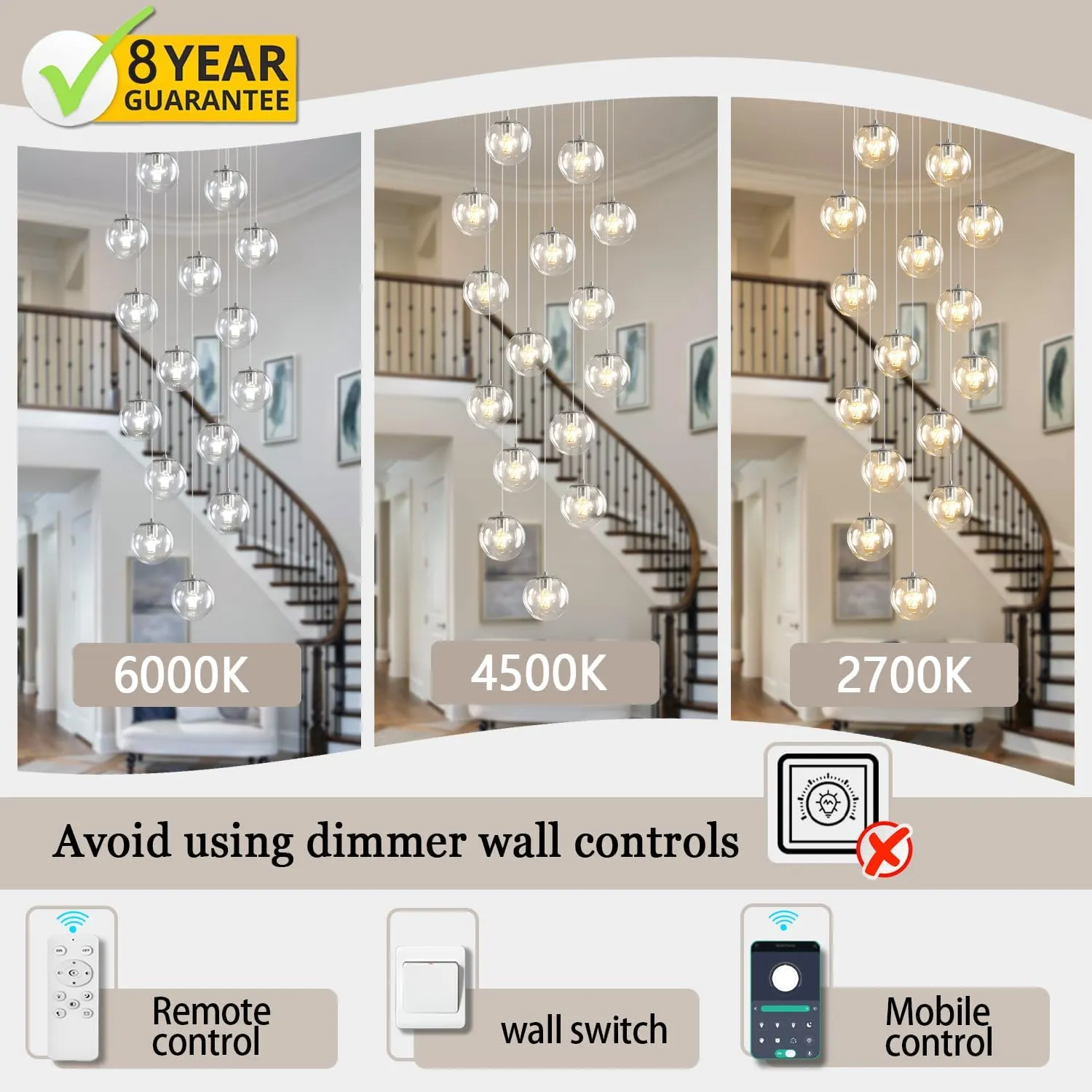 H118 LED Staircase Chandelier 15-Lights Glass Globe Pendant Light Large Chandeliers for High Ceilings, Entryway Modern Lighting Fixture Villas and Stairs
