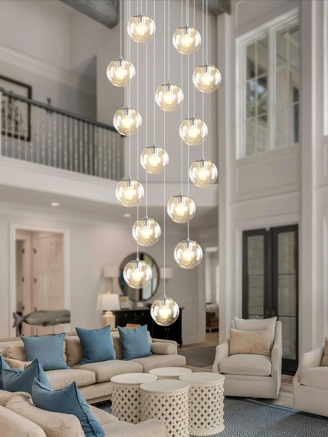 H118 LED Staircase Chandelier 15-Lights Glass Globe Pendant Light Large Chandeliers for High Ceilings, Entryway Modern Lighting Fixture Villas and Stairs