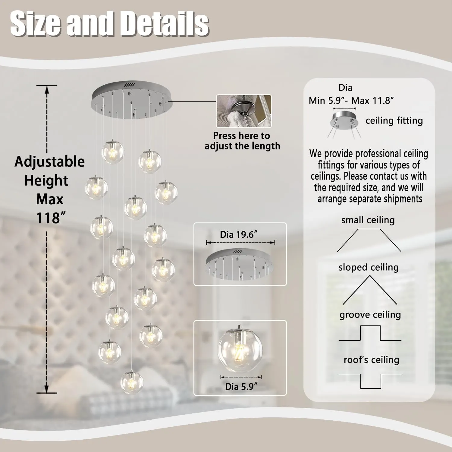 H118 LED Staircase Chandelier 15-Lights Glass Globe Pendant Light Large Chandeliers for High Ceilings, Entryway Modern Lighting Fixture Villas and Stairs