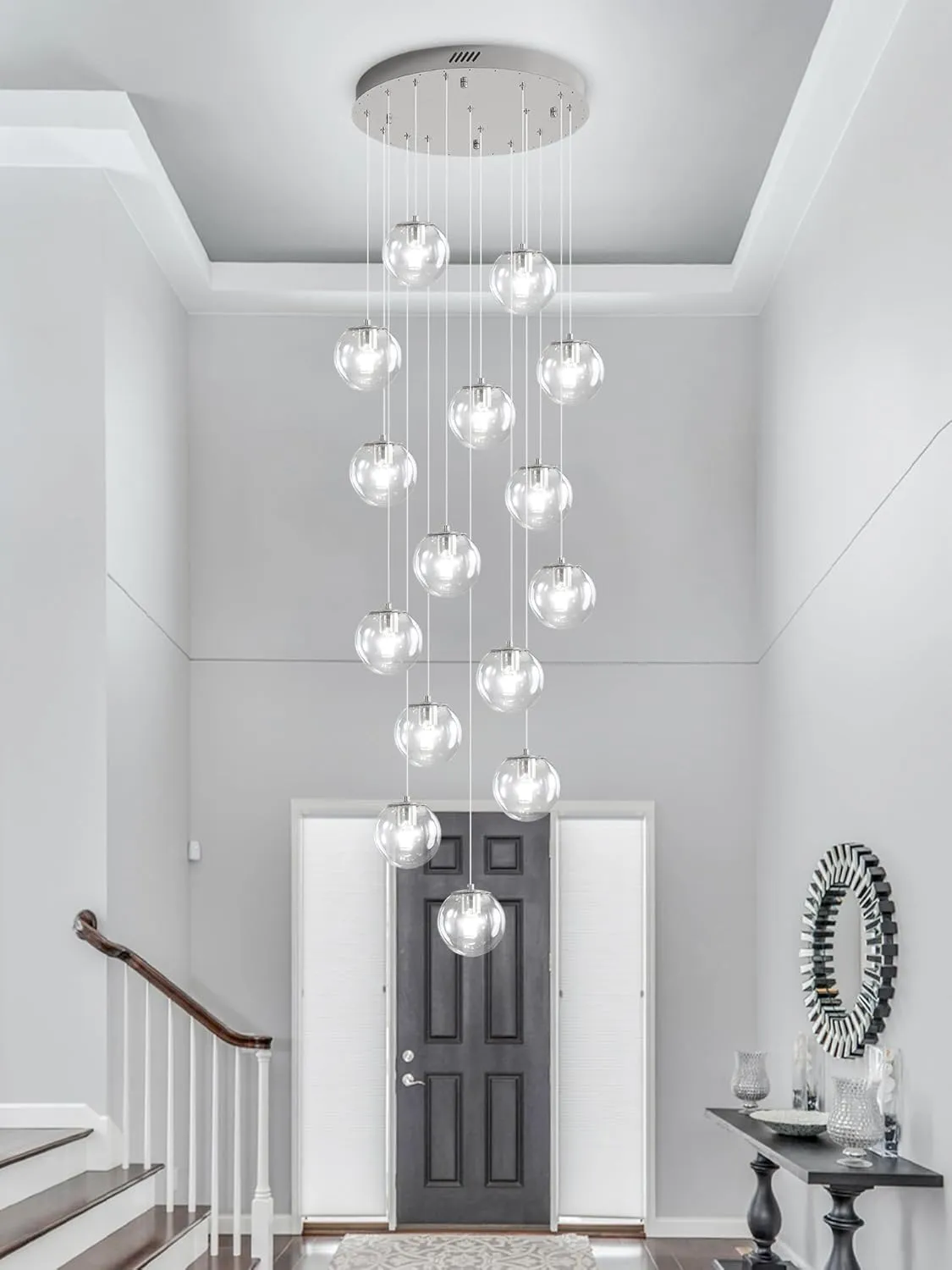 H118 LED Staircase Chandelier 15-Lights Glass Globe Pendant Light Large Chandeliers for High Ceilings, Entryway Modern Lighting Fixture Villas and Stairs