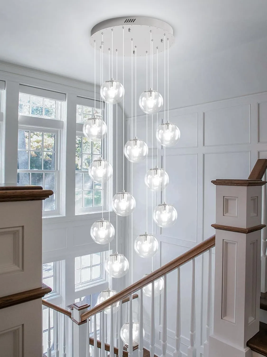 H118 LED Staircase Chandelier 15-Lights Glass Globe Pendant Light Large Chandeliers for High Ceilings, Entryway Modern Lighting Fixture Villas and Stairs