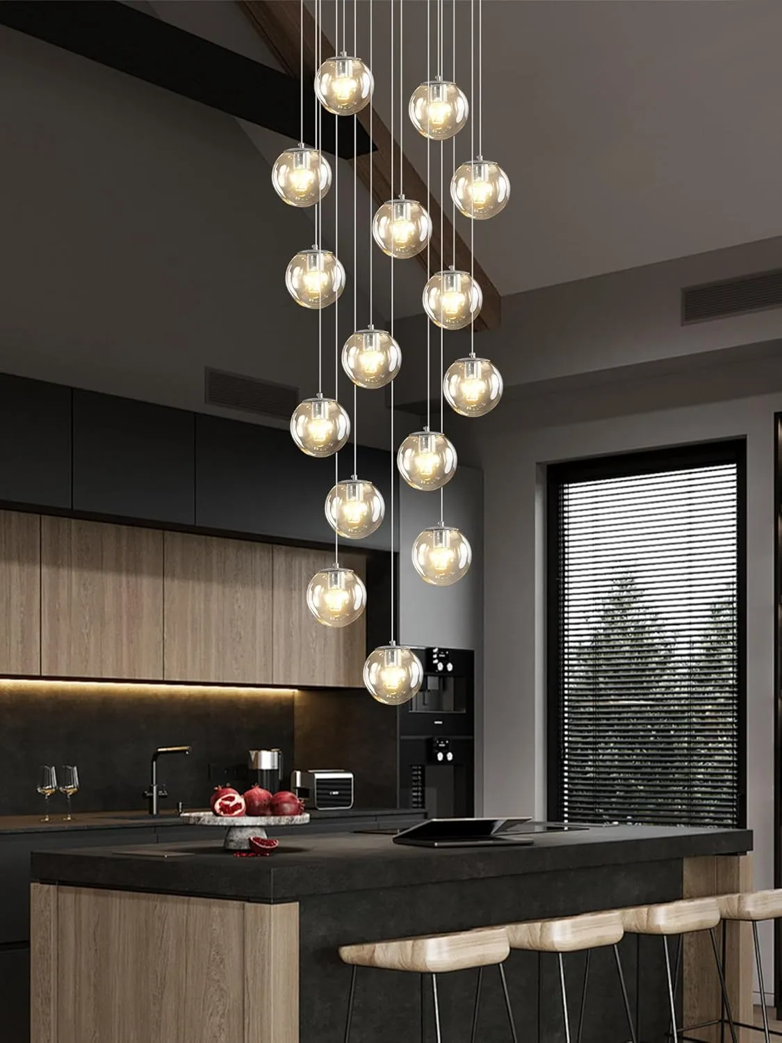 H118 LED Staircase Chandelier 15-Lights Glass Globe Pendant Light Large Chandeliers for High Ceilings, Entryway Modern Lighting Fixture Villas and Stairs