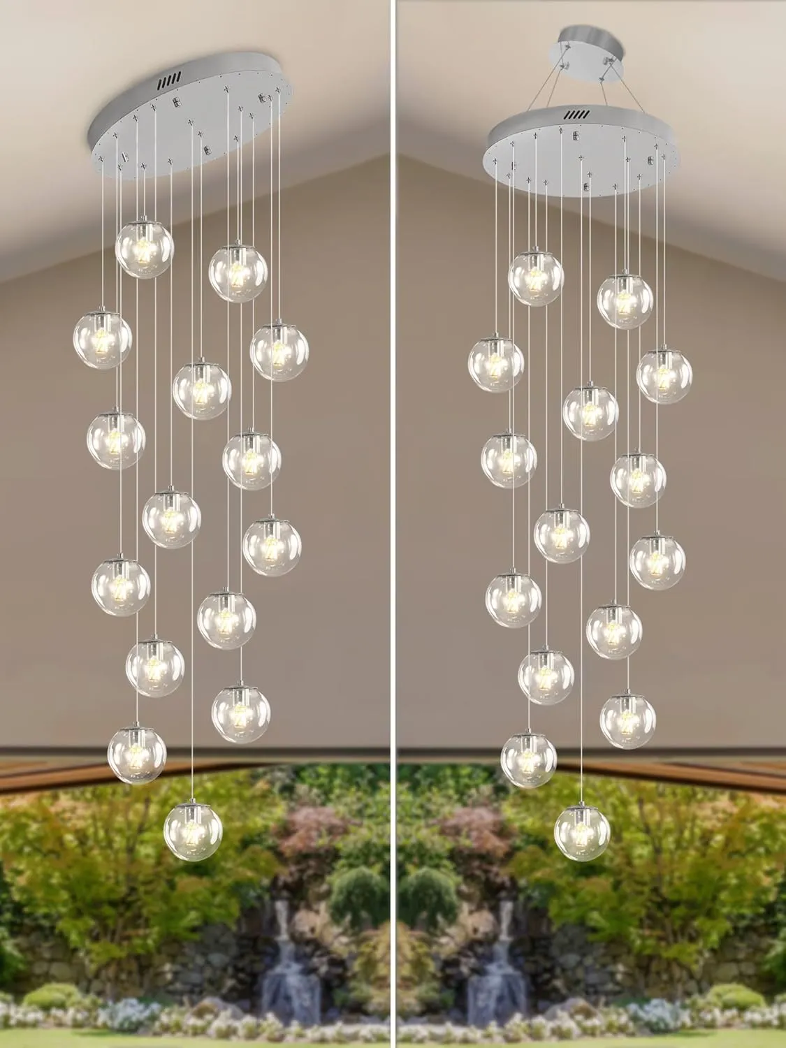 H118 LED Staircase Chandelier 15-Lights Glass Globe Pendant Light Large Chandeliers for High Ceilings, Entryway Modern Lighting Fixture Villas and Stairs