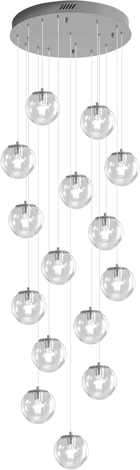 H118 LED Staircase Chandelier 15-Lights Glass Globe Pendant Light Large Chandeliers for High Ceilings, Entryway Modern Lighting Fixture Villas and Stairs