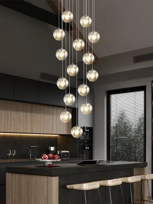 H118 LED Staircase Chandelier 15-Lights Glass Globe Pendant Light Large Chandeliers for High Ceilings, Entryway Modern Lighting Fixture Villas and Stairs