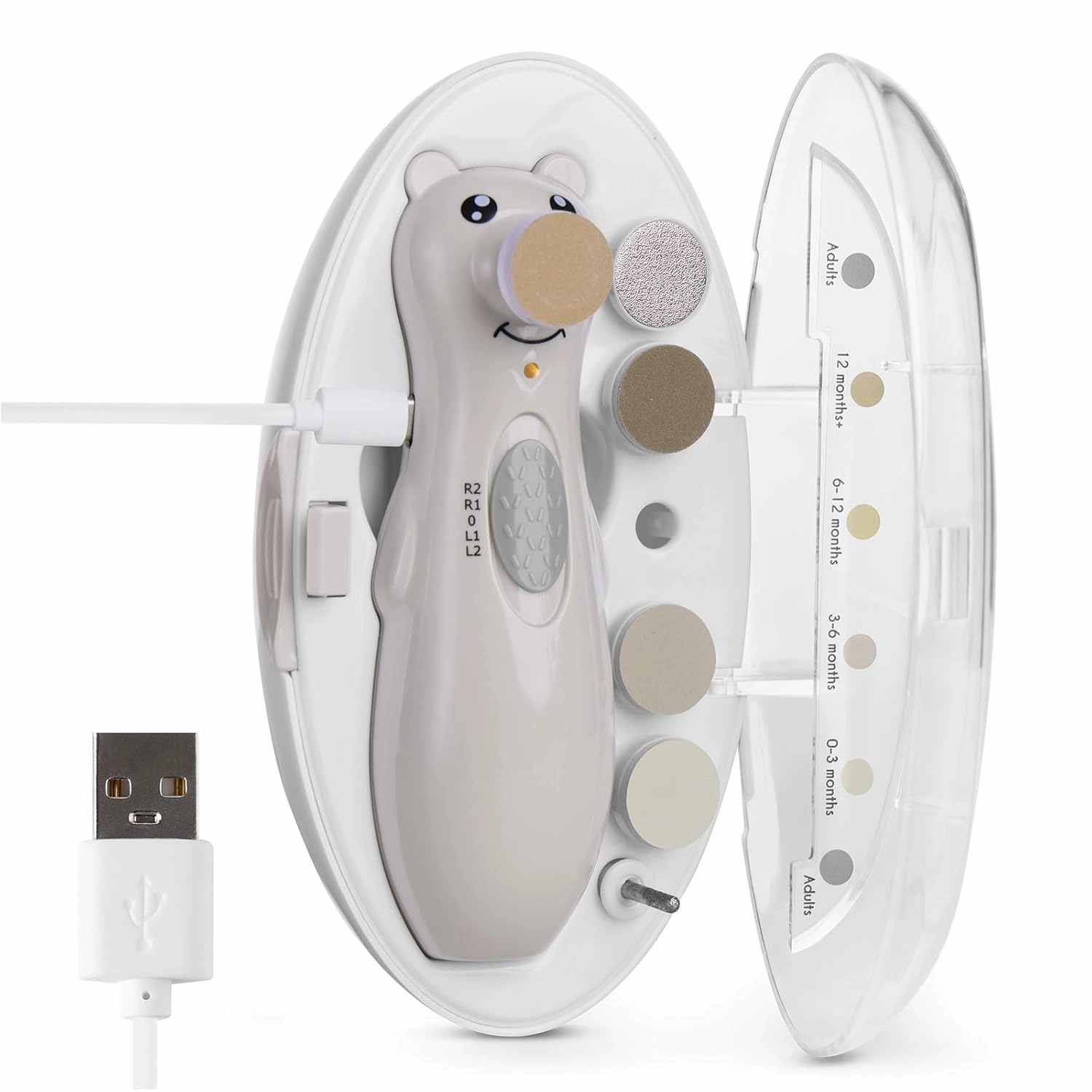 haakaa Rechargeable Baby Nail Trimmer with LED Light, Rechargeable Baby Nail File for Toddler/Newborn/Adults Toes and Fingernails, Additional Replacement Heads & Charging Cable, Compact Case, Pebble