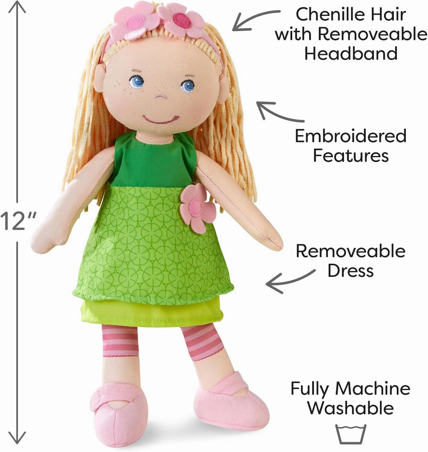 HABA 12" Soft Doll Mali with Blonde Hair and Blue Eyes, Soft Toddler Baby Dolls with Embroidered Face, Machine Washable Toddler Girl Toys for 18 Months and up