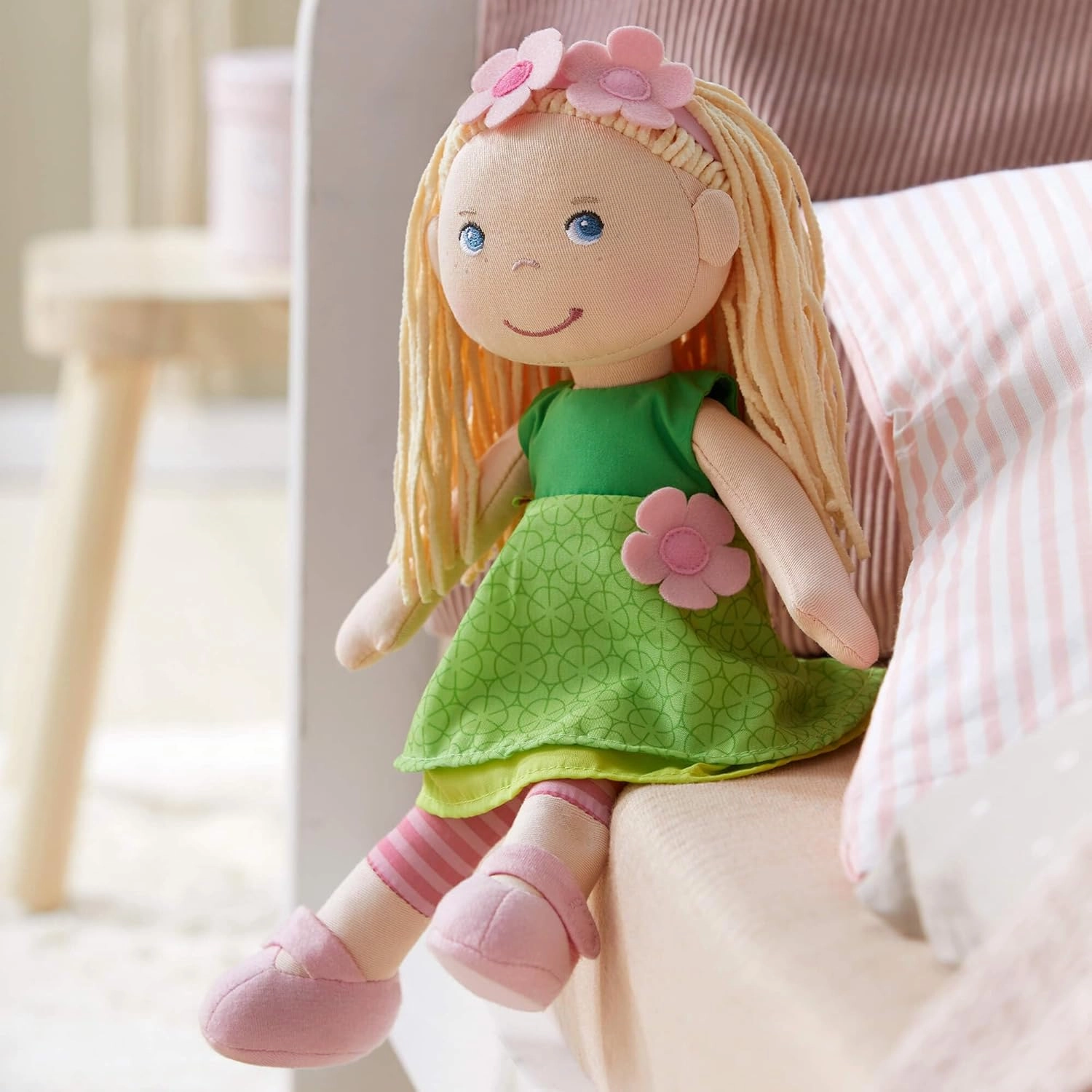 HABA 12" Soft Doll Mali with Blonde Hair and Blue Eyes, Soft Toddler Baby Dolls with Embroidered Face, Machine Washable Toddler Girl Toys for 18 Months and up