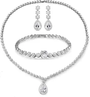 Hadskiss Jewelry Set for Women, Necklace Dangle Earrings Bracelet Set with White AAA Cubic Zirconia, Allergy Free Wedding Party Jewelry for Bridal Bridesmaid