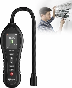Halogen Gas Detector Air Condition Refrigerant Leak Detector 0-1000ppm Halogen Freon Leak Detector HVAC CFCs HCFCs HFCS R12 R22 R134a R410a with 25cm Probe High Sensitivity 3 Alarm Types
