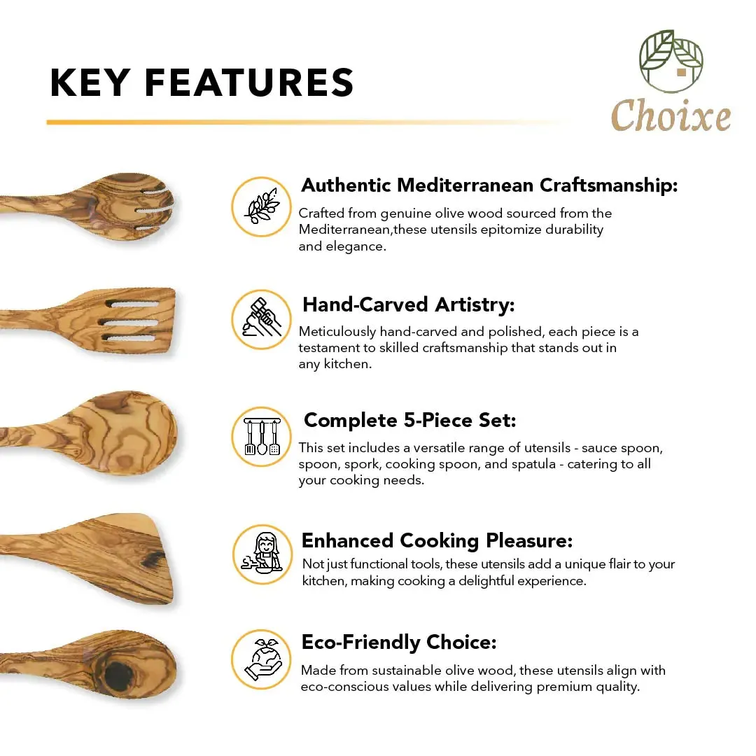 Hand-Carved Kitchen Utensil Set - 5 Pcs Authentic Olive Wood, Eco-Friendly & Durable